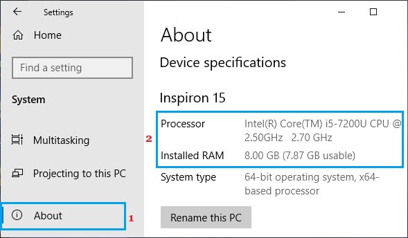 Windowsの設定画面でのRAM情報