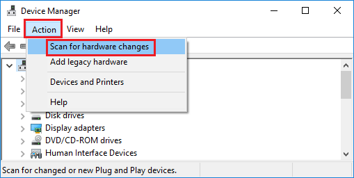 Windows 10のデバイスマネージャー画面でハードウェアの変更のスキャンオプションが表示される。