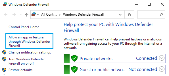 Windows Defenderファイアウォールを介してアプリケーションまたは機能を許可する