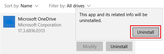 Windows 10でOneDriveのポップアップをアンインストールする