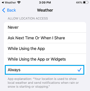 iPhoneで天気予報アプリが位置情報にアクセスすることを常に許可する