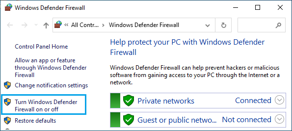 コントロールパネルでWindows Defender FirewallのオプションをON/OFFにする。