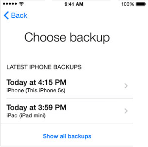 iPhoneの最新のiCloudバックアップの画面から選択する
