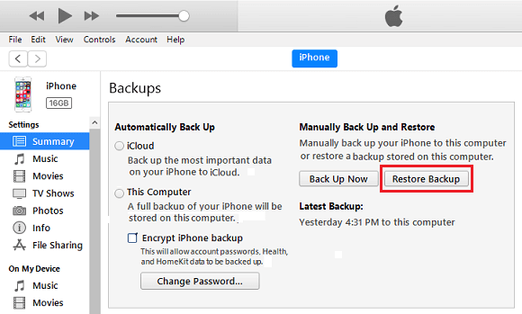 iTunesの「iPhoneのバックアップを復元する」オプション 