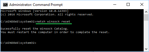 netsh winsock reset Windows 10でのコマンド