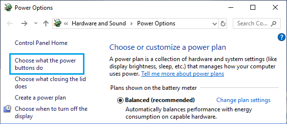 Windowsの電源ボタンの動作を選択するオプション