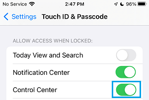 iPhoneのロック画面でコントロールセンターを使用可能にする