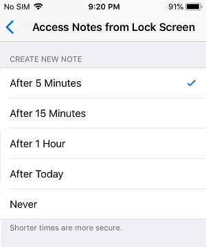 iPhoneのロック画面に時間をおいて新しいノートを作成する