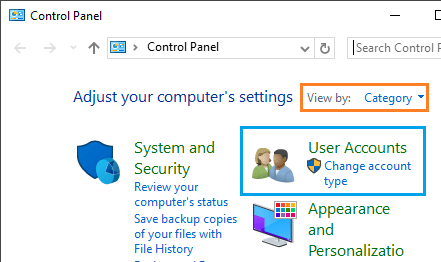 Windows 10のコントロールパネルにある「ユーザーアカウント」タブ