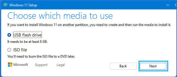 Windows 11のセットアップ画面でのUSBフラッシュドライブとISOファイルのオプション