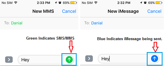 青いiMessageと緑の通常のSMSテキストメッセージの送信ボタン