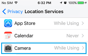 iPhoneの位置情報サービス設定画面のカメラオプション