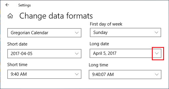 Windows 10の日付と時刻の形式を変更する画面