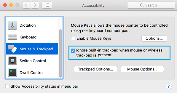 Macでマウスまたはワイヤレストラックパッドが存在する場合、内蔵のトラックパッドを無視するオプション。 