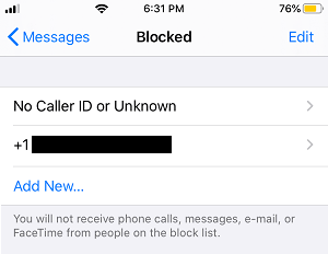 iPhoneのメッセージアプリでブロックされている電話番号一覧