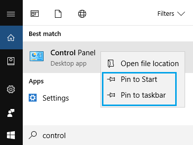 Windows 10でコントロールパネルをタスクバーに固定する