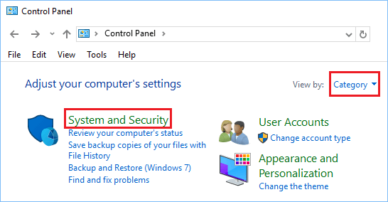 Windows 10のコントロールパネルにあるシステムとセキュリティオプション