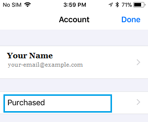 iPhoneの設定画面にある「購入済みアプリ」タブ
