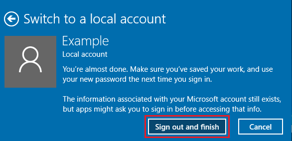 サインアウトして、Microsoftからローカルアカウントへの切り替えを完了する