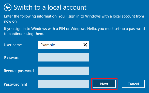 Windowsでパスワードを設定する ローカルアカウントに切り替える画面
