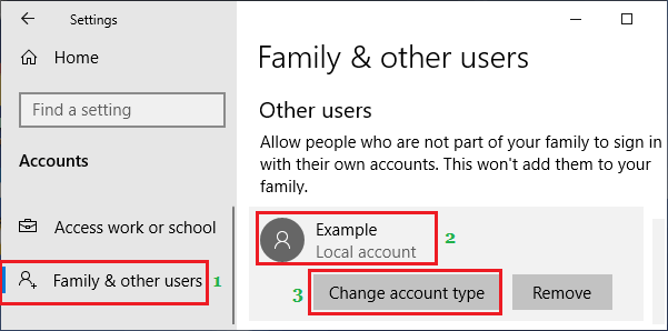 Windows 10のアカウントの種類を変更するオプション