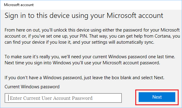 Windows 10で現在のユーザーアカウントパスワードを入力する