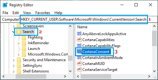 WindowsレジストリにあるCortanaConsentエントリを開く
