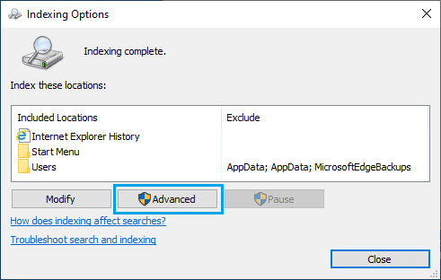 Windowsでアドバンストインデックスオプションを開く