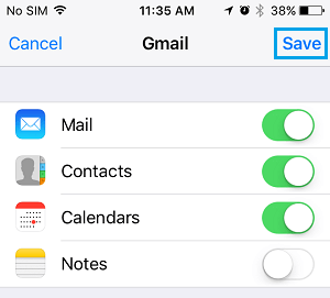 iPhoneのメールアカウントでメール、連絡先、カレンダー、メモを使用可能にする