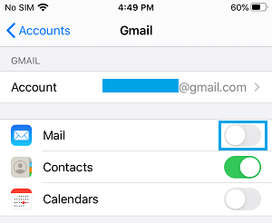 iPhoneのメールアプリでGmailアカウントのメールを無効にする