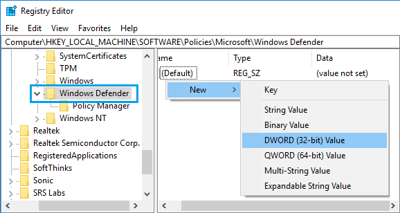 Windows Defenderのフォルダに新しいレジストリキーを作成する。