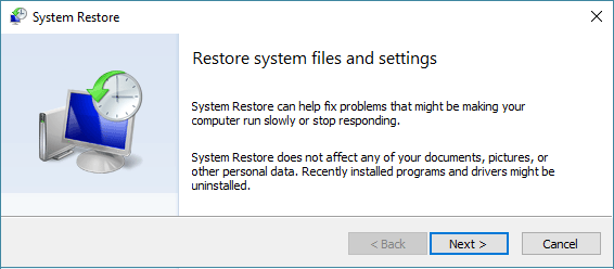 Windowsのシステムリストア開始画面
