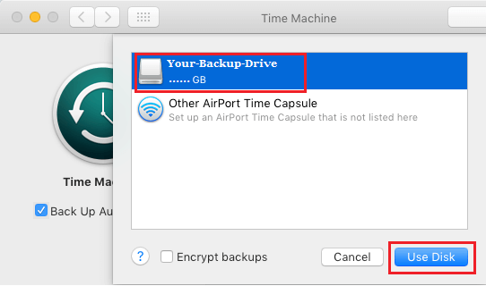 MacでのTime Machineバックアップに外付けドライブを選択する。