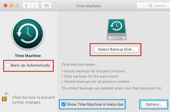 MacでTime Machineバックアップディスクのオプションを選択する。