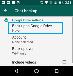 WhatsApp 設定画面での Google Drive へのバックアップオプション
