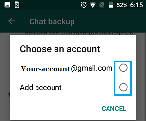 WhatsApp のバックアップに Google アカウントを選択