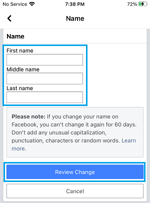 Facebookの新しい名前を入力する