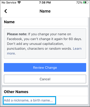 Facebookにニックネームを追加