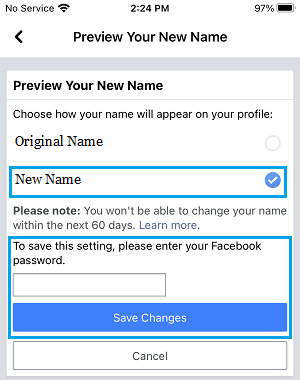 Facebookの新しい名前を保存する