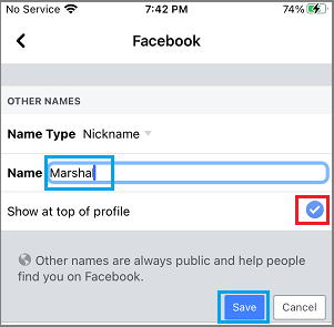Facebookのニックネームを入力して保存