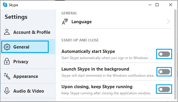 Skypeの自動起動とバックグラウンドのアクティビティを無効にする