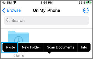 iPhoneのファイルアプリの貼り付けオプション