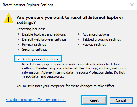 Internet Explorerの設定をリセットし、個人設定を削除する 