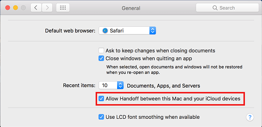 このMacとiCloudデバイス間のHandoffを許可するオプションがMacに追加されました。