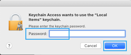 Macでキーチェーンアクセスを許可するためにローカルユーザーパスワードを入力する。