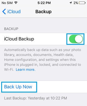 iPhoneのiCloudバックアップ画面上のBackup Now Optionについて