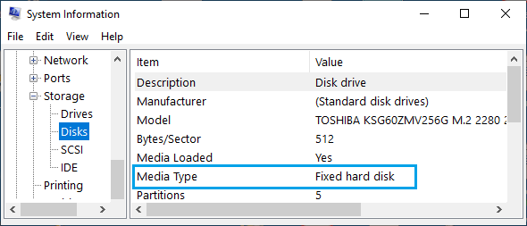 Windowsのシステム情報画面でのハードディスク情報