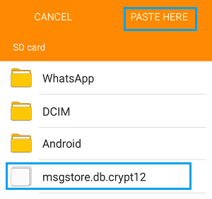 WhatsApp バックアップの SD カードへの貼り付け