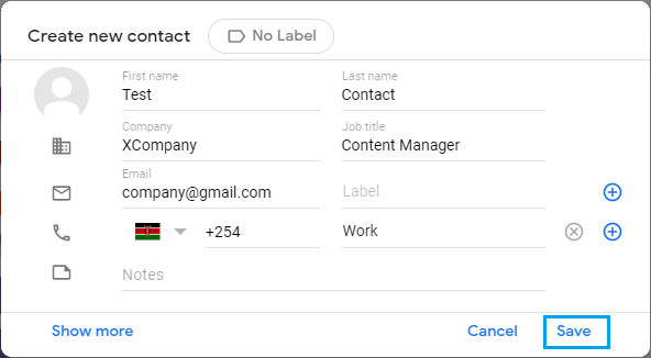 新しいGmailの連絡先を入力してください。