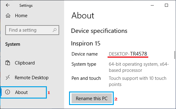 Windowsの設定でこのPCの名前を変更するオプション 